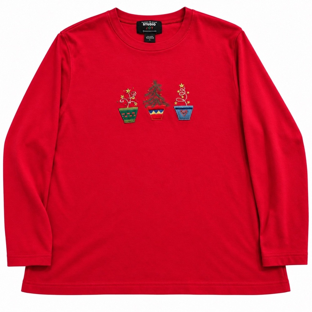 Vintage Studio Joy 1X Red Christmas Embroidered Long Sleeve Shirt Holiday 60/40